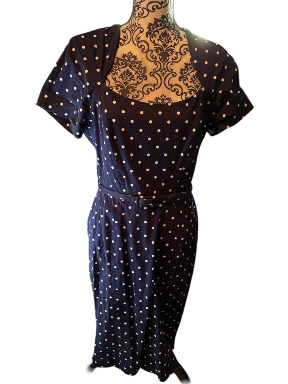 Eva Mendes NY & Co Blue White Polka Dot Rockabilly 50s Sheath Dress Size 10